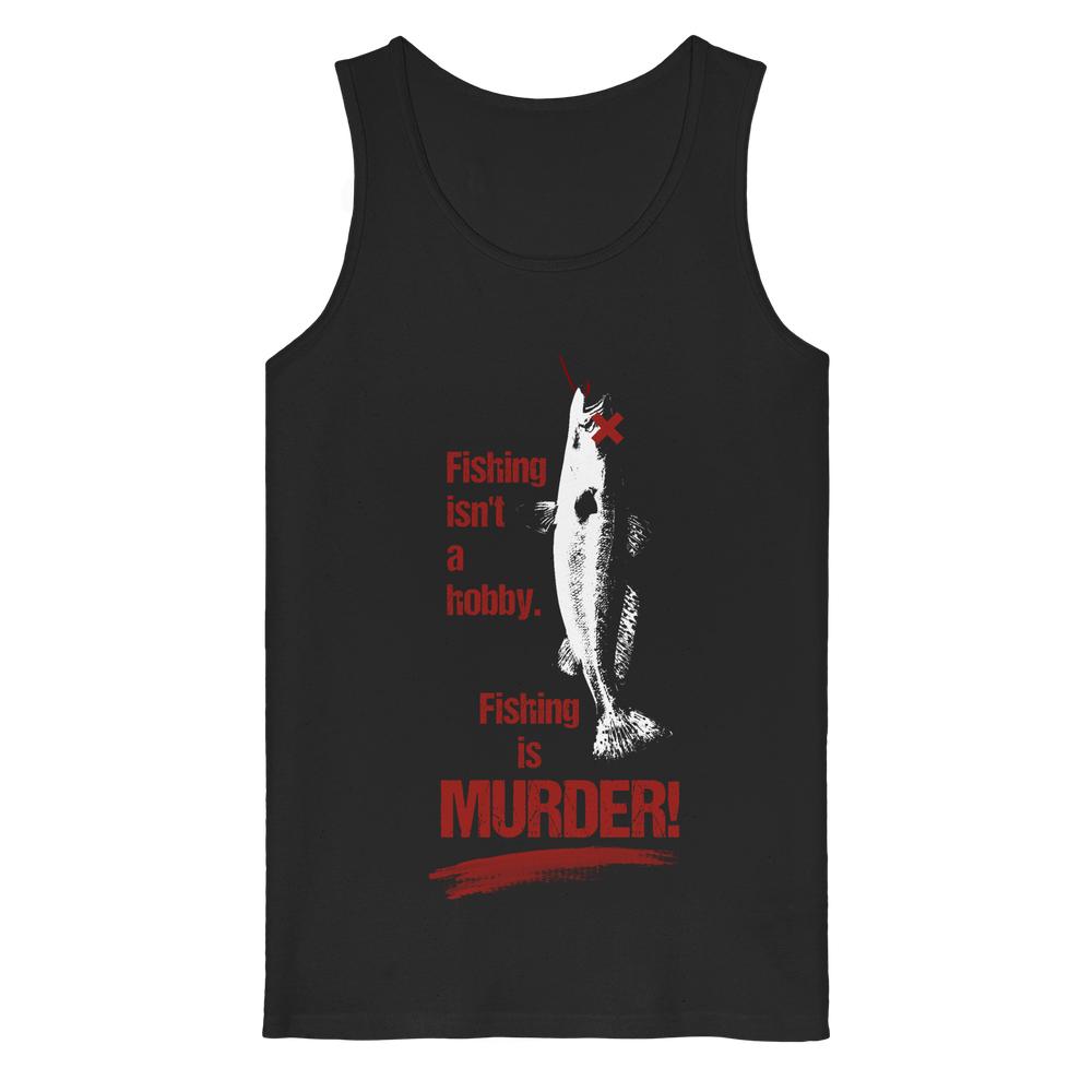 Schwarzes Tanktop mit dem Aufdruck Fishing is MURDER! und totem Fischmotiv. Veganes, nachhaltiges Design aus 100% Bio-Baumwolle von RUDE REBEL.