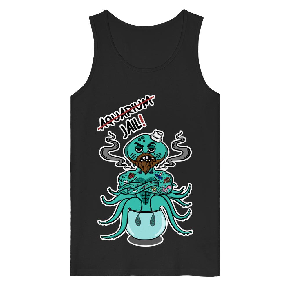 Schwarzes Tanktop mit Tiergrafik und Aufschrift „Aquarium = Jail!“