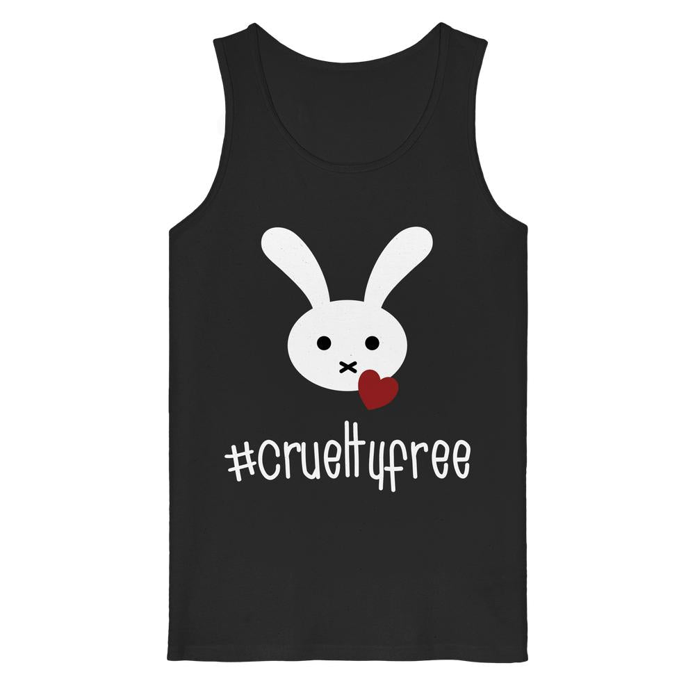 Schwarzes Tanktop aus Bio-Baumwolle mit schlichtem weißen Cartoon-Hasen und rotem Herz, darunter der Hashtag „#crueltyfree“. Modell: Vegan und Bio Tank Top: Crueltyfree Bunny BIG.
