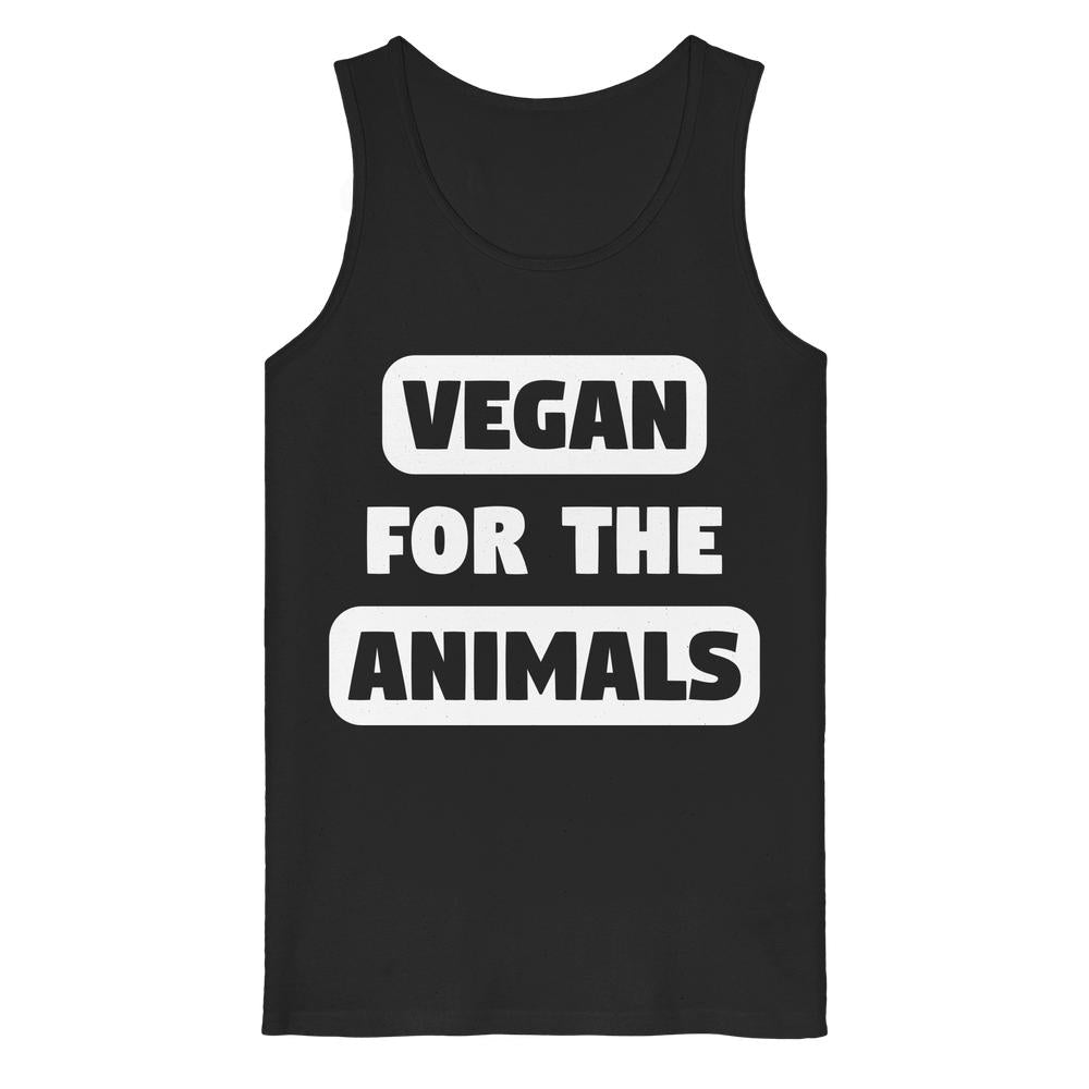 Ärmelloses Tank Top aus Bio-Baumwolle mit dem Aufdruck VEGAN FOR THE ANIMALS in Weiß, passend zur veganen und nachhaltigen Philosophie von RUDE REBEL.