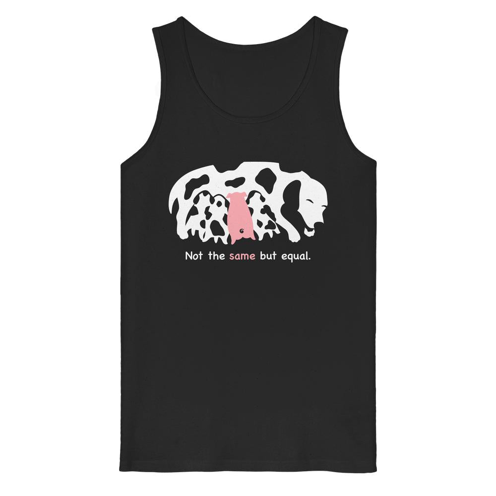 Veganes Bio-Tanktop schwarz, ärmellos, mit Tiermotiv und Textprint „Not the same but equal“