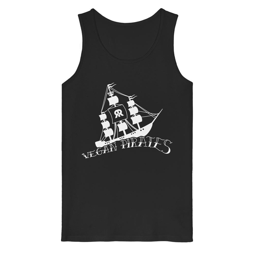 Schwarzes ärmelloses Tank Top mit weißem Piratenschiff und Vegan Pirates-Schriftzug, aus 100% Bio-Baumwolle, repräsentiert vegane und rebellische Überzeugungen von RUDE REBEL.