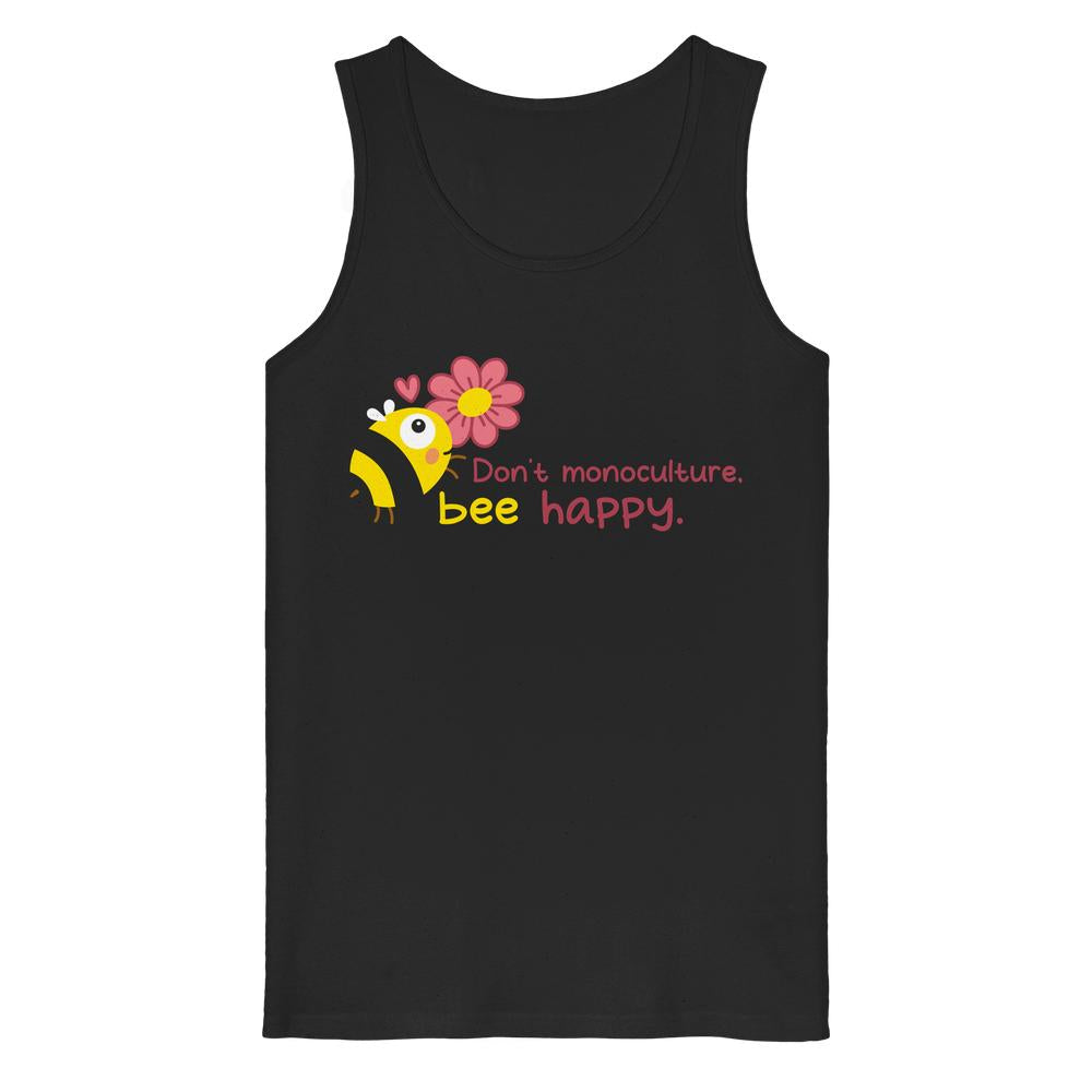 Vegan und Bio Tank Top: Save the bees – Schwarzes Tanktop mit süßem Cartoon-Bienendesign und Slogan „Don’t monoculture, bee happy“, fördert Artenvielfalt. 100% Bio-Baumwolle, Medium Fit.