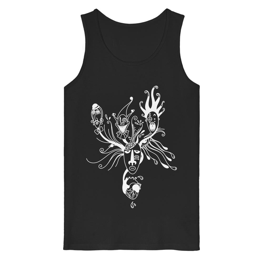 Schwarzes Tanktop aus Bio-Baumwolle mit surrealem, weißen Grafikdesign: abstrakte Maske, tendrilartige Haare, stilisierte Gesichter und anatomisches Herz. Titel: Vegan und Bio Tank Top: Mental Health - Behind the Mask.