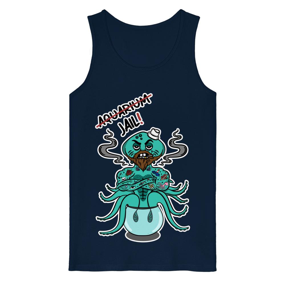 Vegan und Bio Tank Top Animal Rights - Aquarium=Jail!: Cartoon-Oktopus mit Bart im Fischglas, rebellisches Design für Tierrechte, aus 100% Bio-Baumwolle.