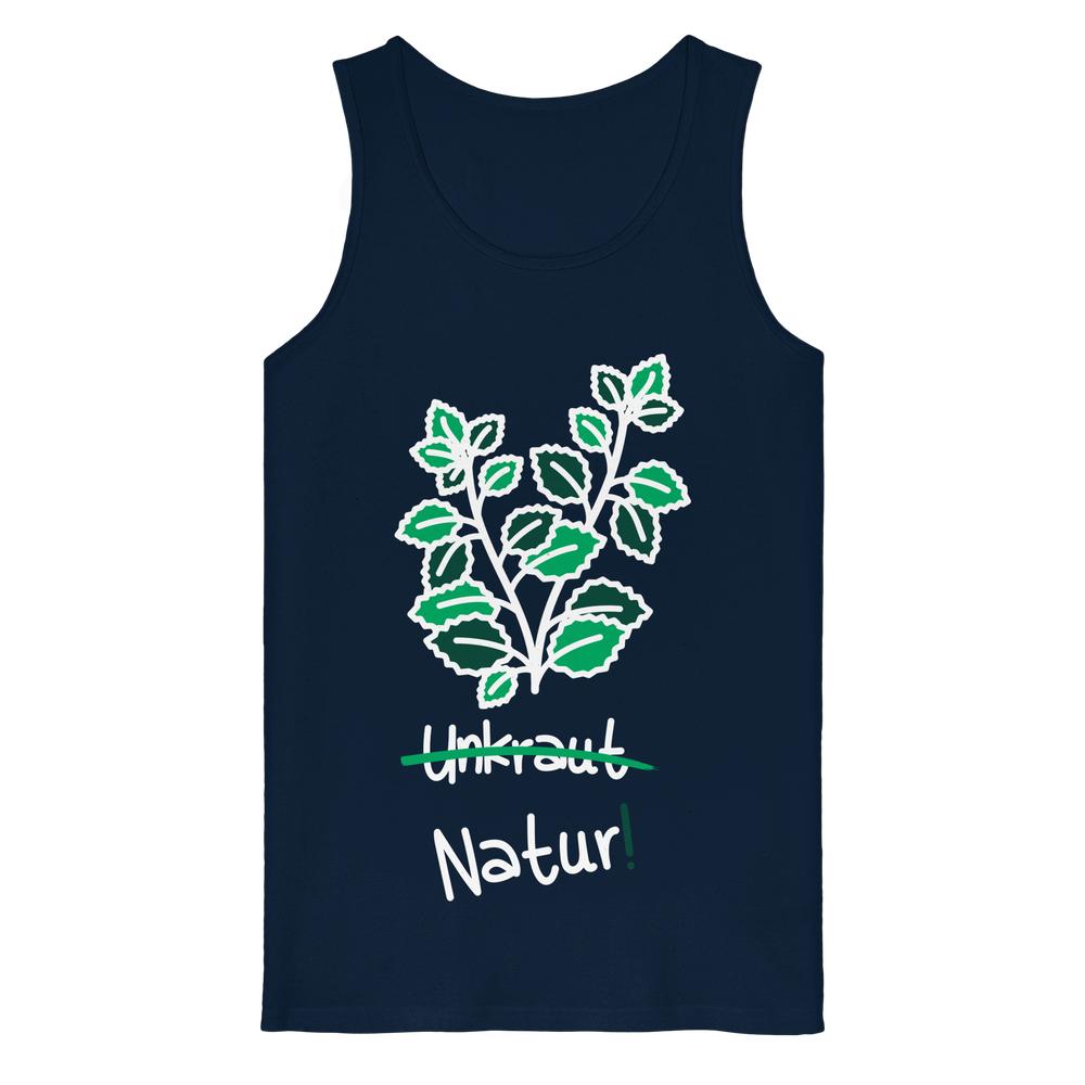 Dunkelblaues Tanktop mit Pflanzenmotiv und Aufdruck „Unkraut Natur!“