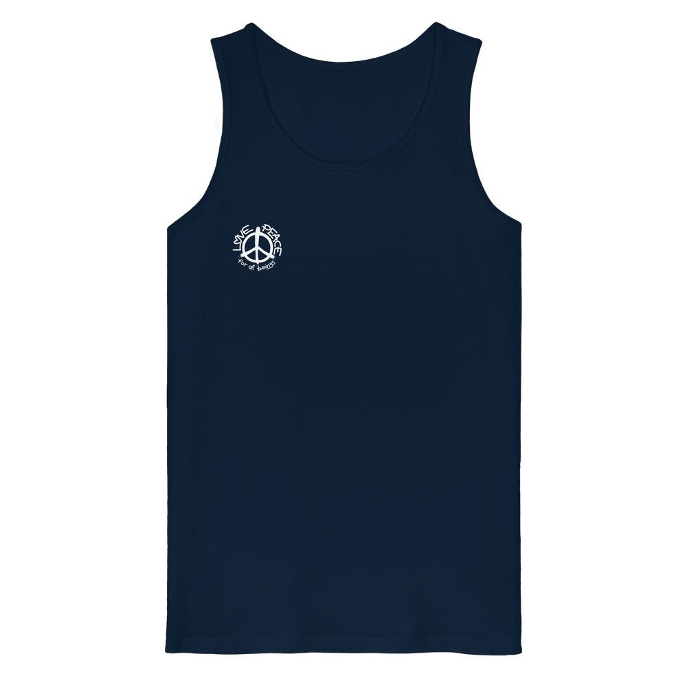 Vegan und Bio Tank Top: LOVE and PEACE for all beings, ärmelloses Design mit Frieden-Symbol und Botschaft, aus 100% Bio-Baumwolle, ideal für umweltbewusste und friedliebende Träger.