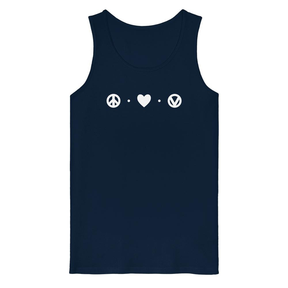Navyblaues Tank Top mit Icons: Friedenssymbol, Herz und VW-Logo. Design Peace - Love - Veganism, aus 100% Bio-Baumwolle, schlichte, aussagekräftige vegane Mode von RUDE REBEL.