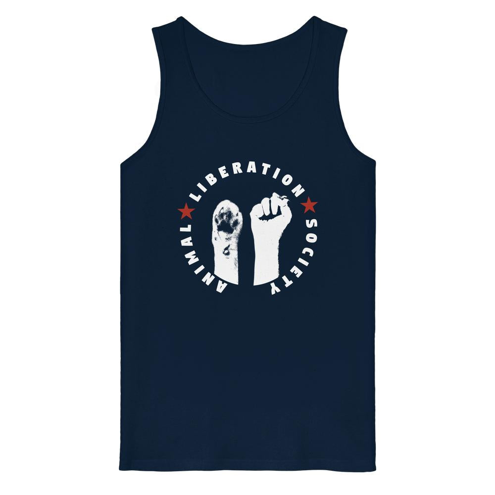 Tank-Top „Vegan und Bio“: Dunkelblau mit „Animal Liberation Society“-Logo, zeigt weiße Pfote und Faust, umgeben von Text, aus 100% Bio-Baumwolle, Ärmel und Kragen mit Doppelnadelsteppstich.