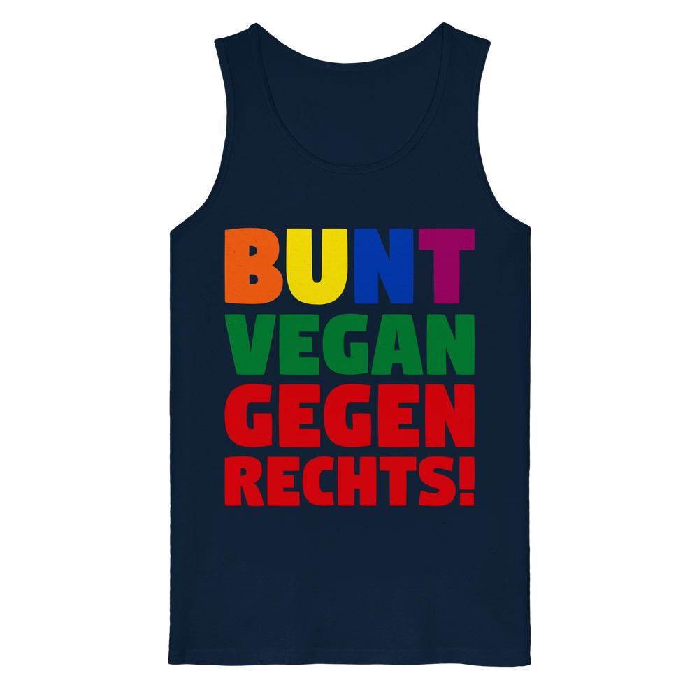 Navyfarbenes, ärmelloses Tank-Top mit Slogan BUNT, VEGAN und GEGEN RECHTS! in bunten Blockbuchstaben, aus 100% Bio-Baumwolle, Medium Fit.