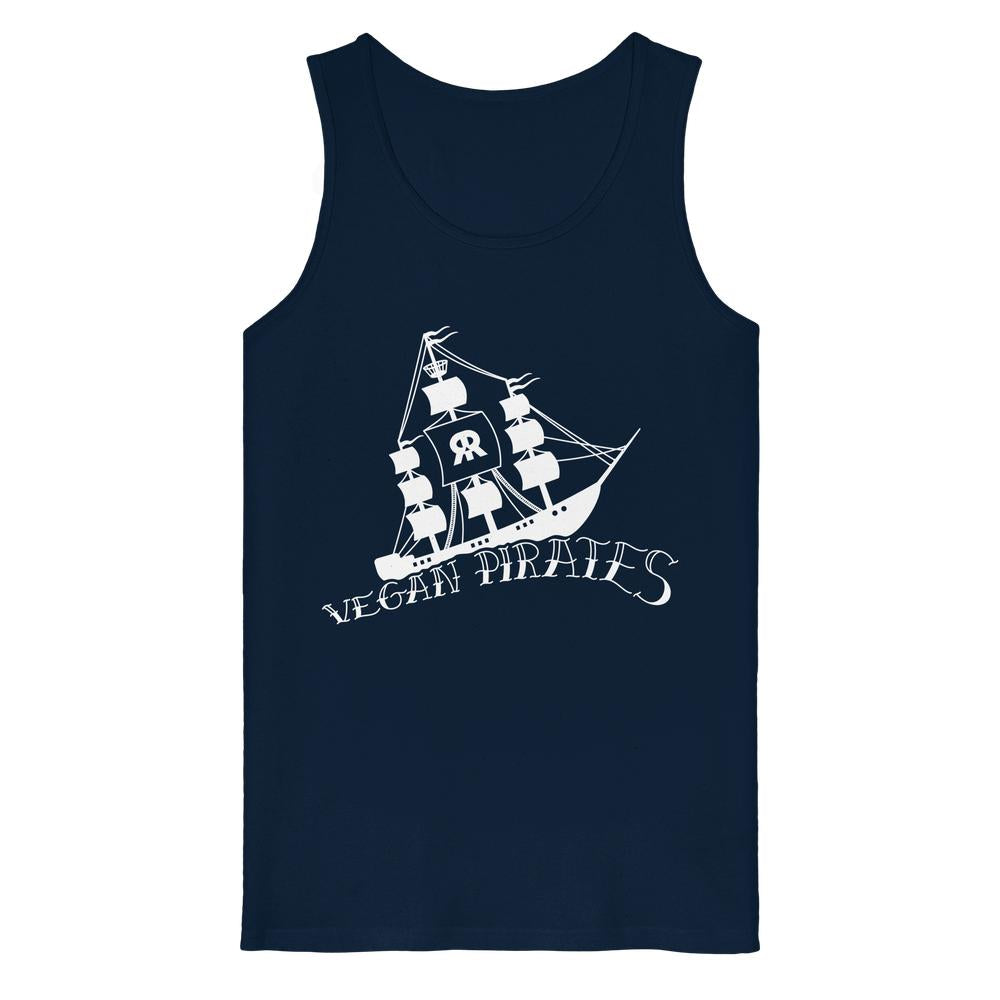 Dunkelblaues Tanktop mit Rundhalsausschnitt und „Vegan Pirates“-Piratenprint.