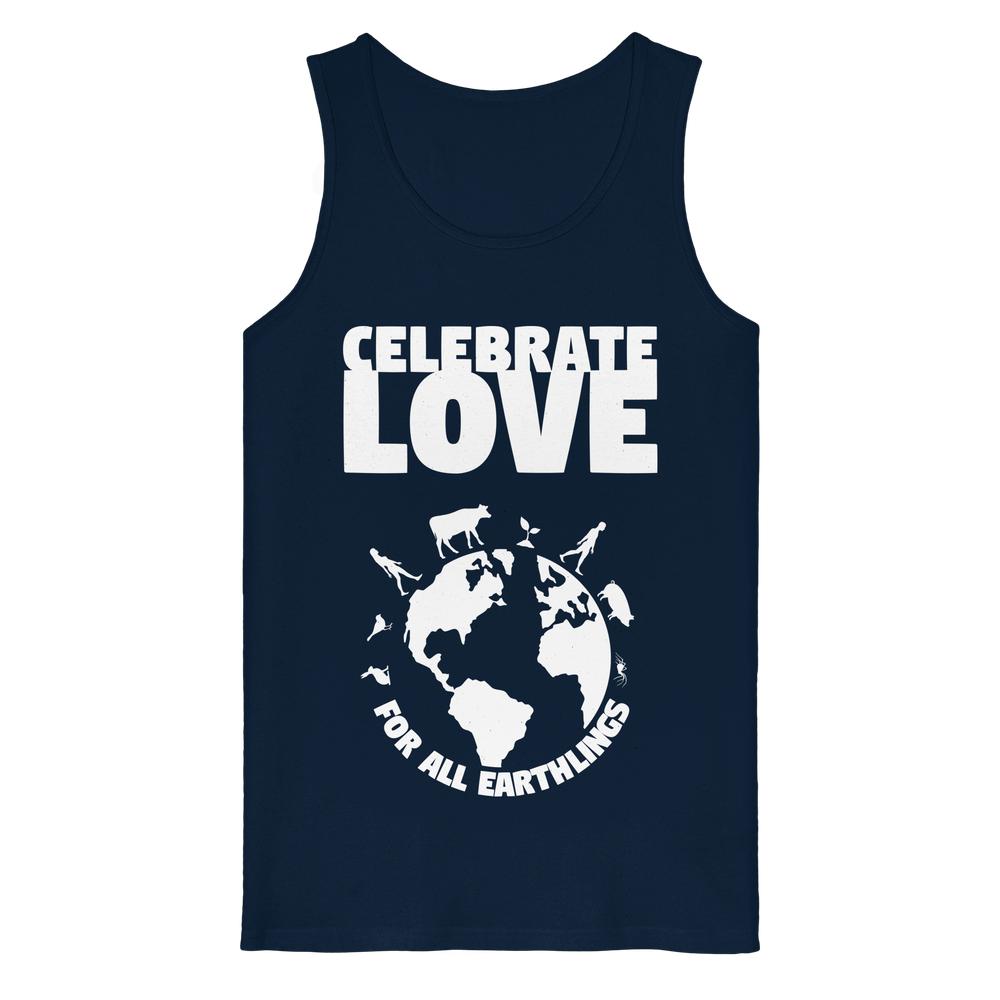 Vegan und Bio Tank Top: Celebrate Love For All Earthlings mit weißem Print von Erde und Figuren, aus 100% Bio-Baumwolle, ärmellos, Medium Fit, nachhaltiges Design.