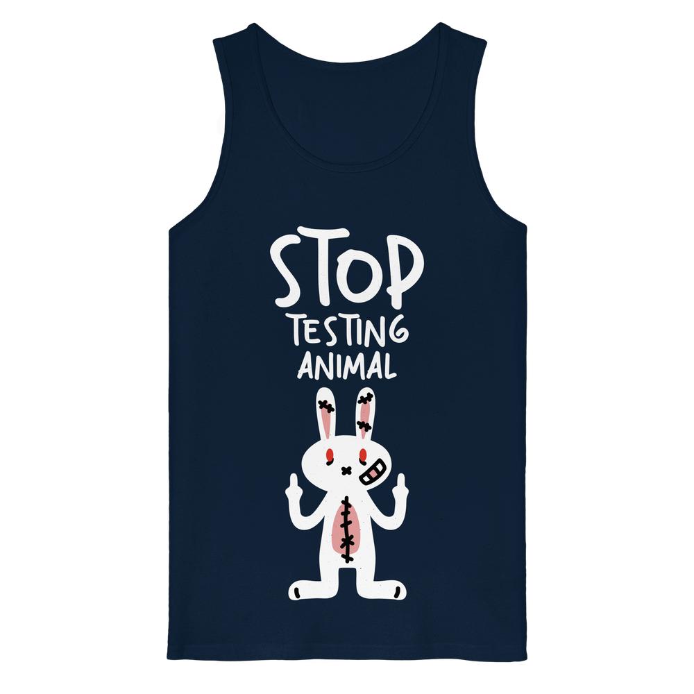 Vegan und Bio Tank-Top: Angry Rabbit - Animal Rights zeigt ein ärmelloses, dunkelblaues Oberteil mit einem Anti-Tierversuchs-Slogan und einem aufgebrachten, cartoonartigen Kaninchenmotiv.