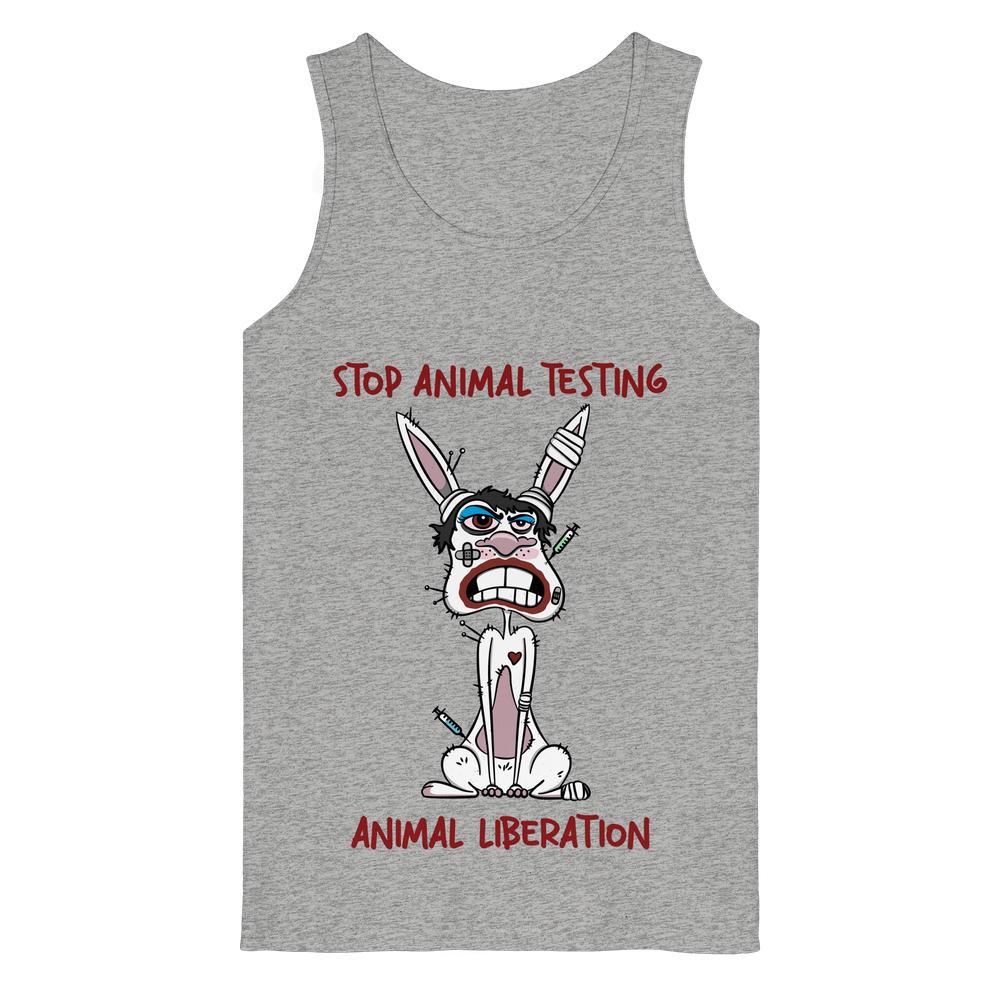 Heathergraues Tanktop mit Cartoon-Hasenmotiv, bandagiert und mit Spritzen, sowie den roten Slogans „STOP ANIMAL TESTING“ und „ANIMAL LIBERATION“. Produkt: Vegan und Bio Tank Top: White rabbit.