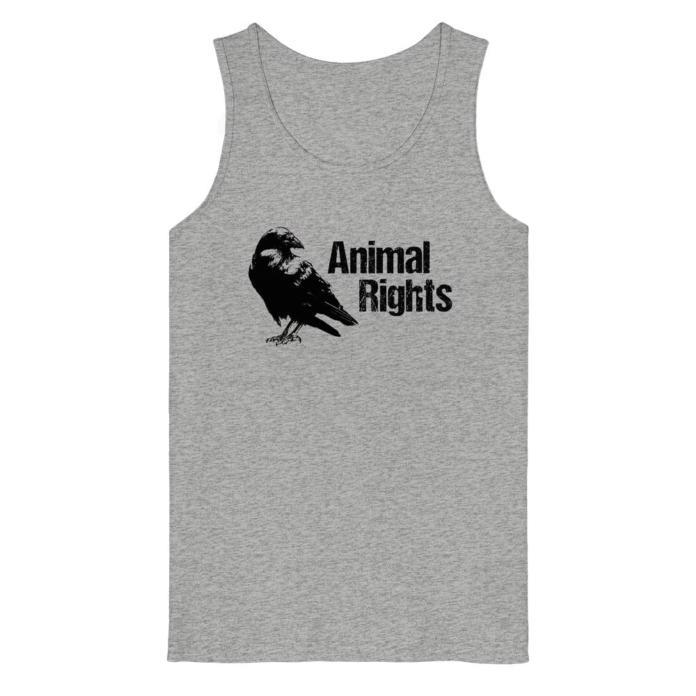 Heather-graues Tanktop aus Bio-Baumwolle, mit schwarzem Rabengrafik und „Animal Rights“-Schriftzug; verkörpert Tierrechte und Naturschutz, passend zur rebellischen RUDE REBEL Philosophie.