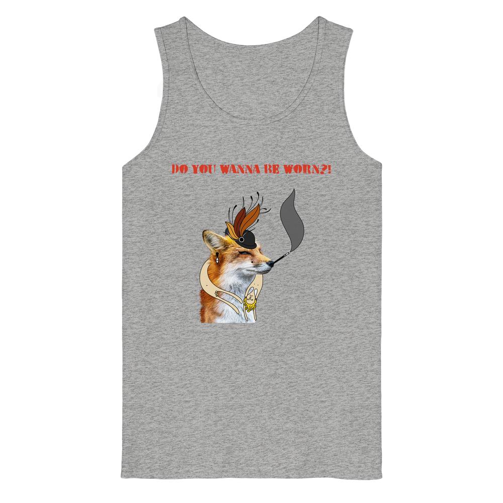 Heather-Grey Tanktop mit Fuchs-Print und roter Aufschrift „DO YOU WANNA BE WORN?!“