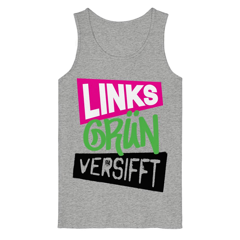 Ärmelloses, heather-graues Tanktop mit dem Slogan „Links-grün versifft“ in bunten Buchstaben, aus 100% Bio-Baumwolle, von RUDE REBEL.