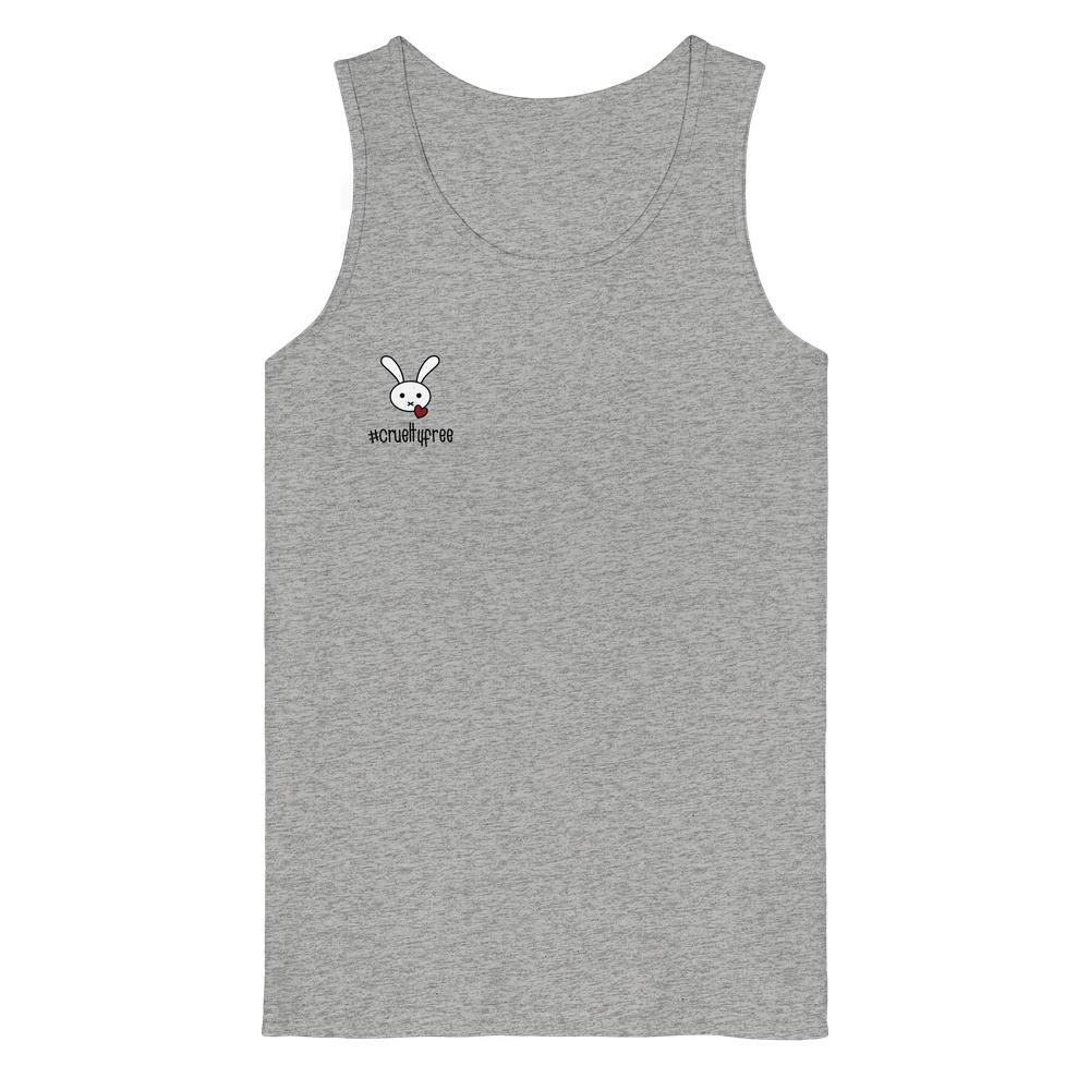 Heather-graues Tanktop Vegan und Bio Tank Top: Crueltyfree Bunny mit Häschen-Print und rotem Herz, 100% Bio-Baumwolle, mittlere Passform, ärmellos, von RUDE REBEL.
