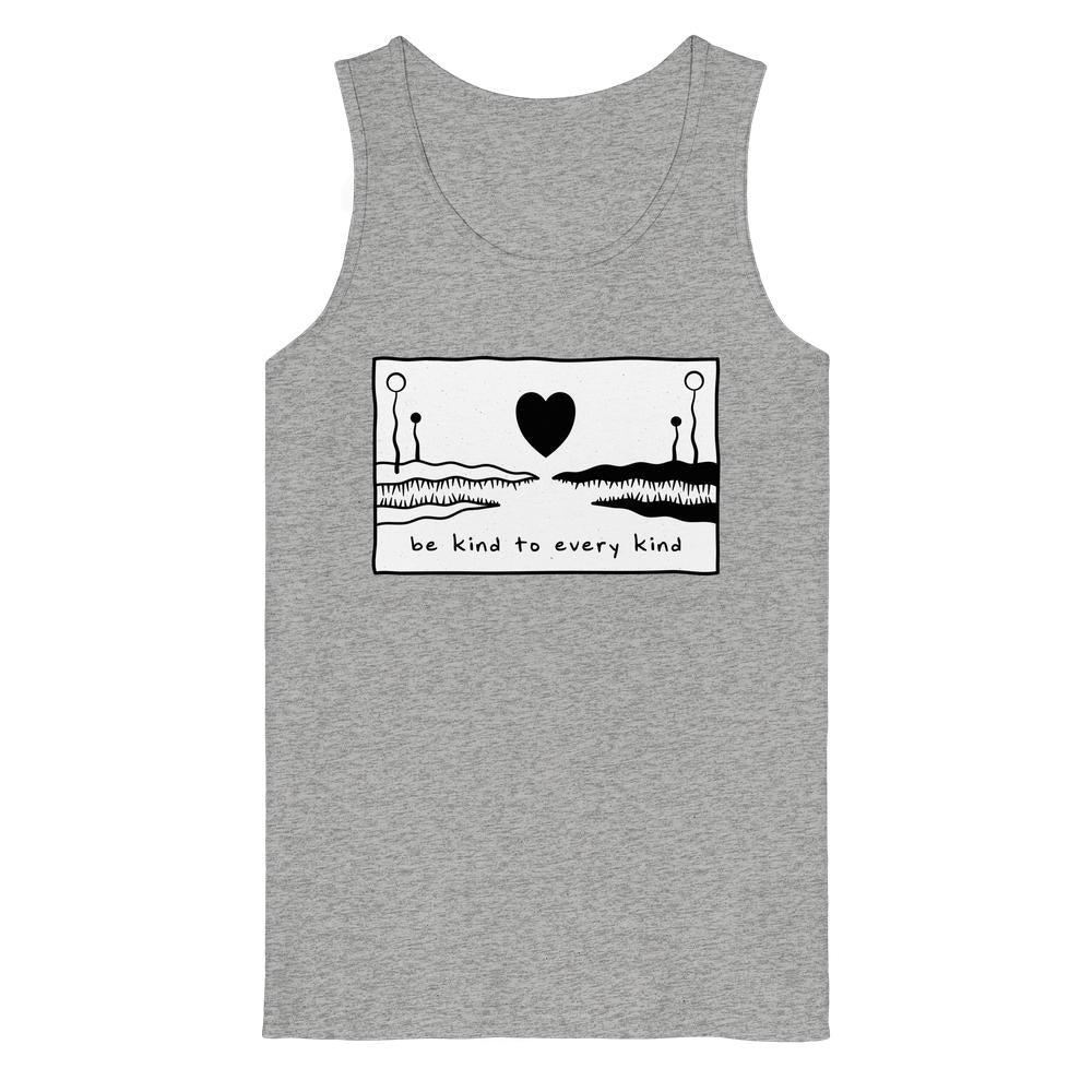 Vegan und Bio Tank Top: Be kind to every kind, zeigt stilisierte Krokodilkiefer und Herz-Print, betont Tierrechte und Nachhaltigkeit, aus 100% Bio-Baumwolle.