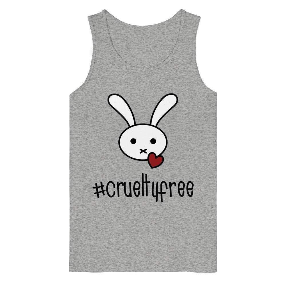 Heathergraues Tank Top mit Cartoon-Hasen und rotem Herz, bedruckt mit “#crueltyfree”. Vegan und Bio, hergestellt aus 100% Bio-Baumwolle.