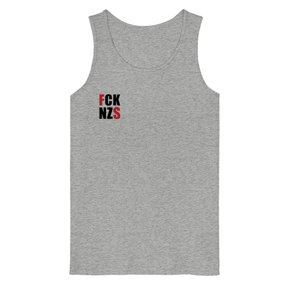 Vegan und Bio Tank Top: FCK NZS mit roten Highlights, heather-grau, ärmellos, aus 100% Bio-Baumwolle, zeigt antinazistische Botschaft auf der linken Brust.