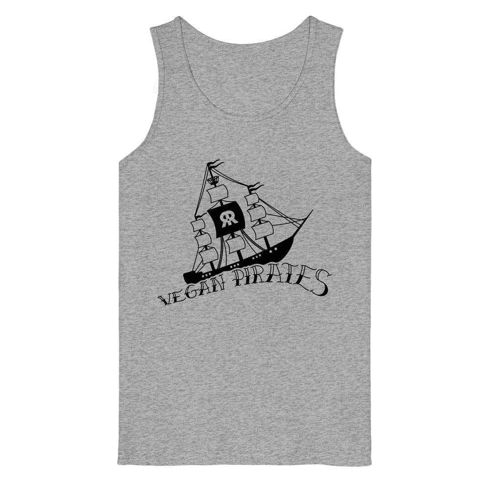 Grau meliertes Tanktop mit Rundhalsausschnitt und „Vegan Pirates“-Piratenprint.