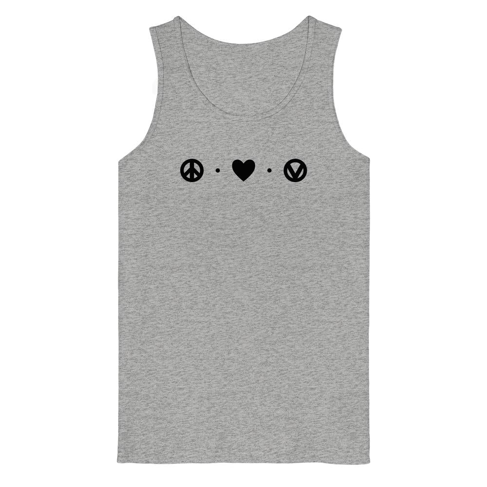 Graues Tanktop (Melange) mit Peace-Heart-Print aus Kreis-, Herz- und Friedenssymbolen.