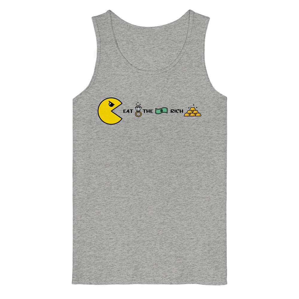 Grau meliertes Tanktop mit Pac-Man-Grafik und Schriftzug „EAT THE RICH“