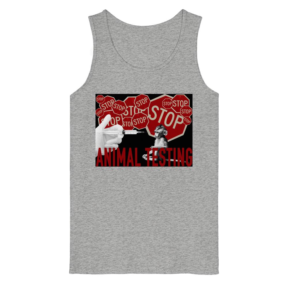 Vegan und Bio Tank Top: STOP ANIMAL TESTING! mit rotem STOP-Zeichen, Spritze und Affe, aus 100% Bio-Baumwolle.