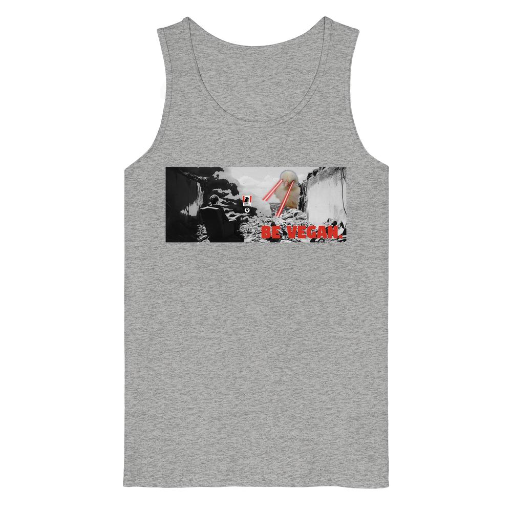 Vegan und Bio Tank-Top: BE VEGAN. - Angry bird; surrealistisches Motiv mit riesigem Hühnerkopf, Laseraugen, und BE VEGAN!-Schriftzug, aus 100% Bio-Baumwolle.