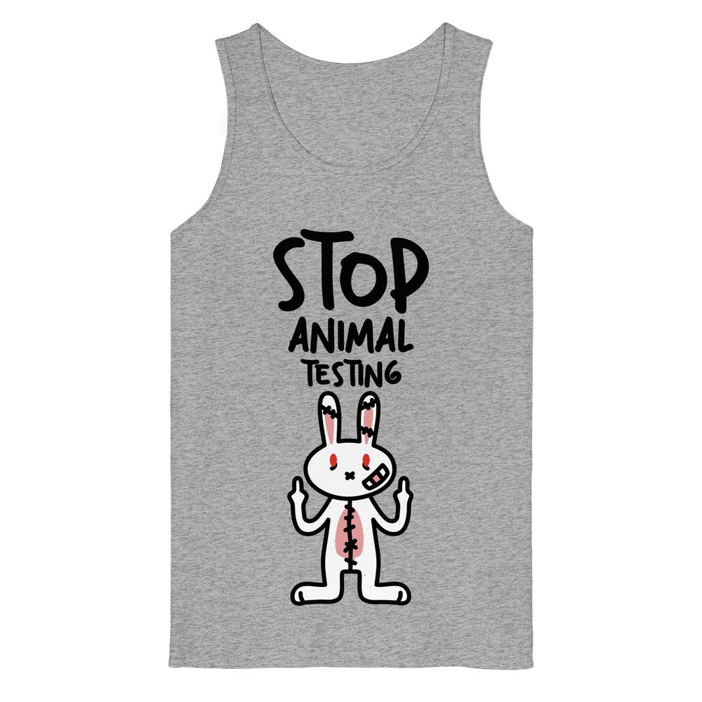 Ärmelloses Tanktop grau meliert mit Aufdruck „STOP ANIMAL TESTING“ und Hase