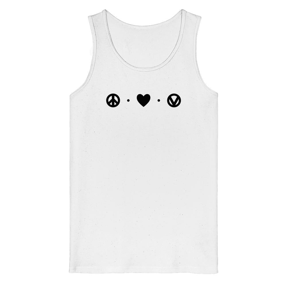 Weißes Tanktop mit Peace-Heart-Print aus Kreis-, Herz- und Friedenssymbolen.