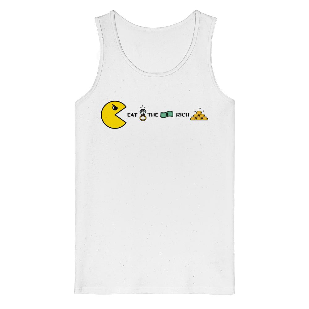 Weißes Tanktop mit Pac-Man-Grafik und Schriftzug „EAT THE RICH“