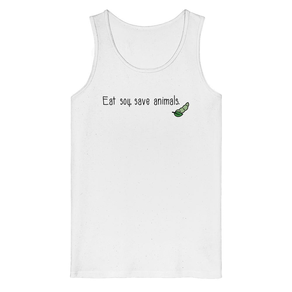 Weißes Tanktop mit Rundhalsausschnitt, Aufdruck „Eat soy, save animals“ und Schildkrötenmotiv