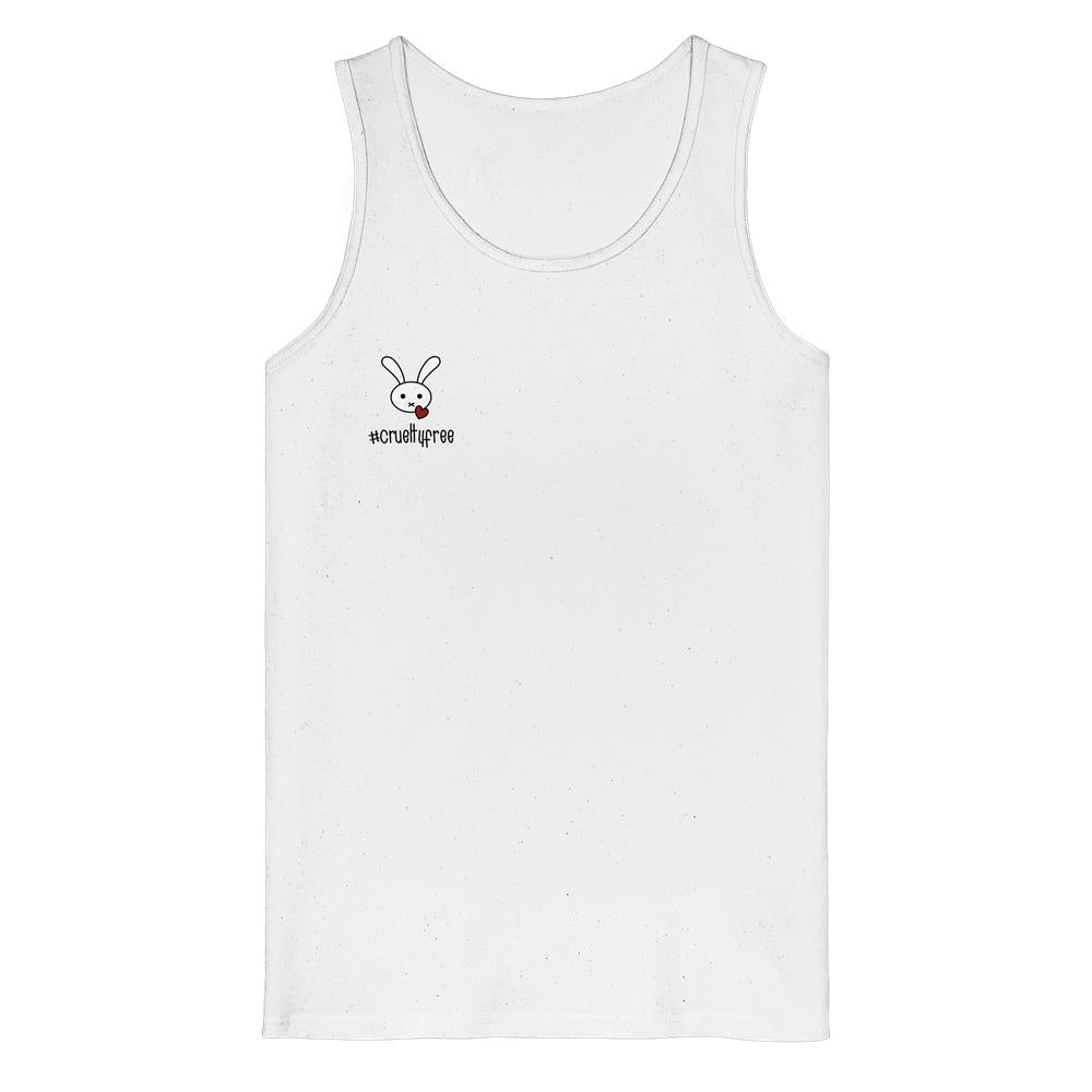 Ärmelloses, weißes Tank Top aus 100% Bio-Baumwolle mit Hasenmotiv und #crueltyfree Aufdruck, repräsentiert vegane, nachhaltige Mode von RUDE REBEL.
