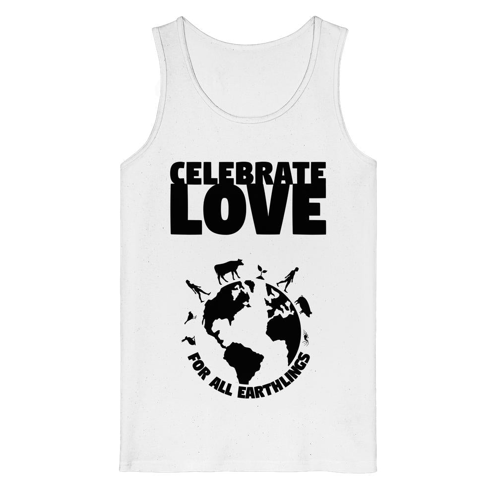 Weißes Tanktop mit Rundhalsausschnitt und großem „Celebrate Love“-Print