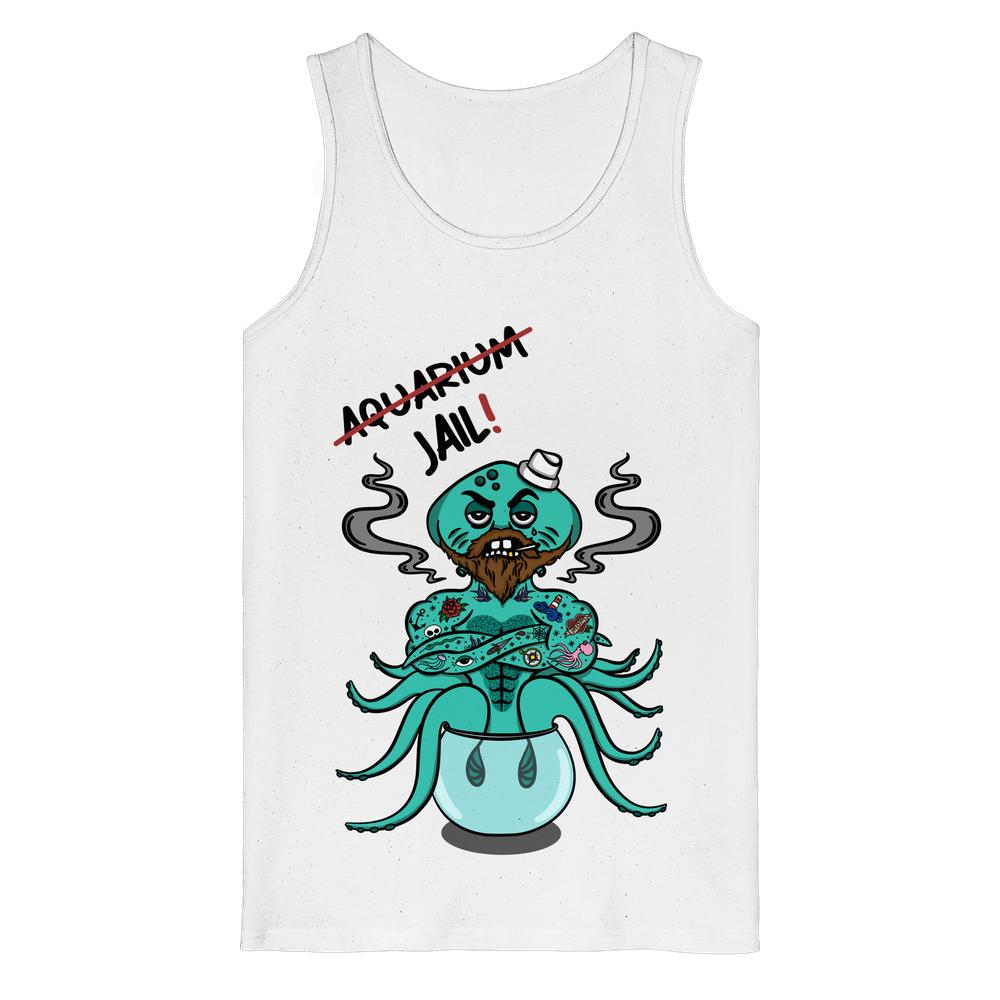 Weißen Tanktop mit Tiergrafik und Aufschrift „Aquarium = Jail!“