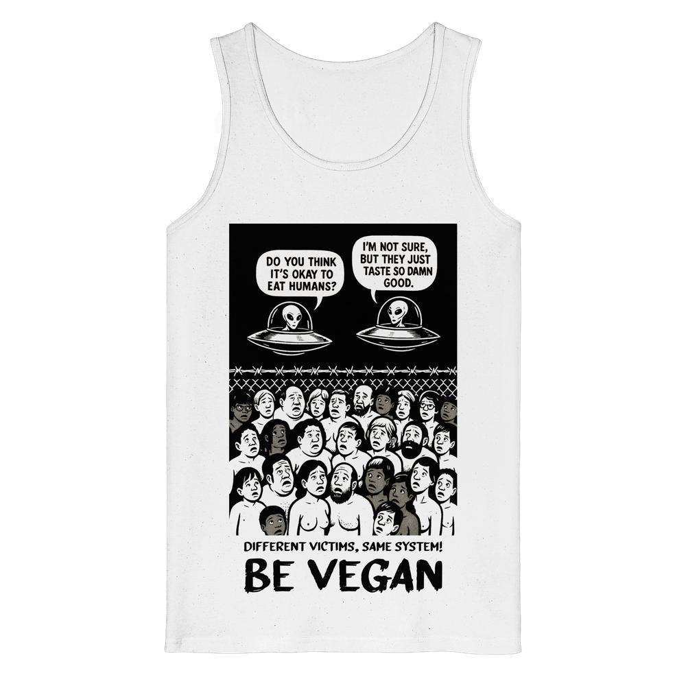Weißes Tanktop mit großem Aufdruck „BE VEGAN“ und Aliens im Comic-Stil