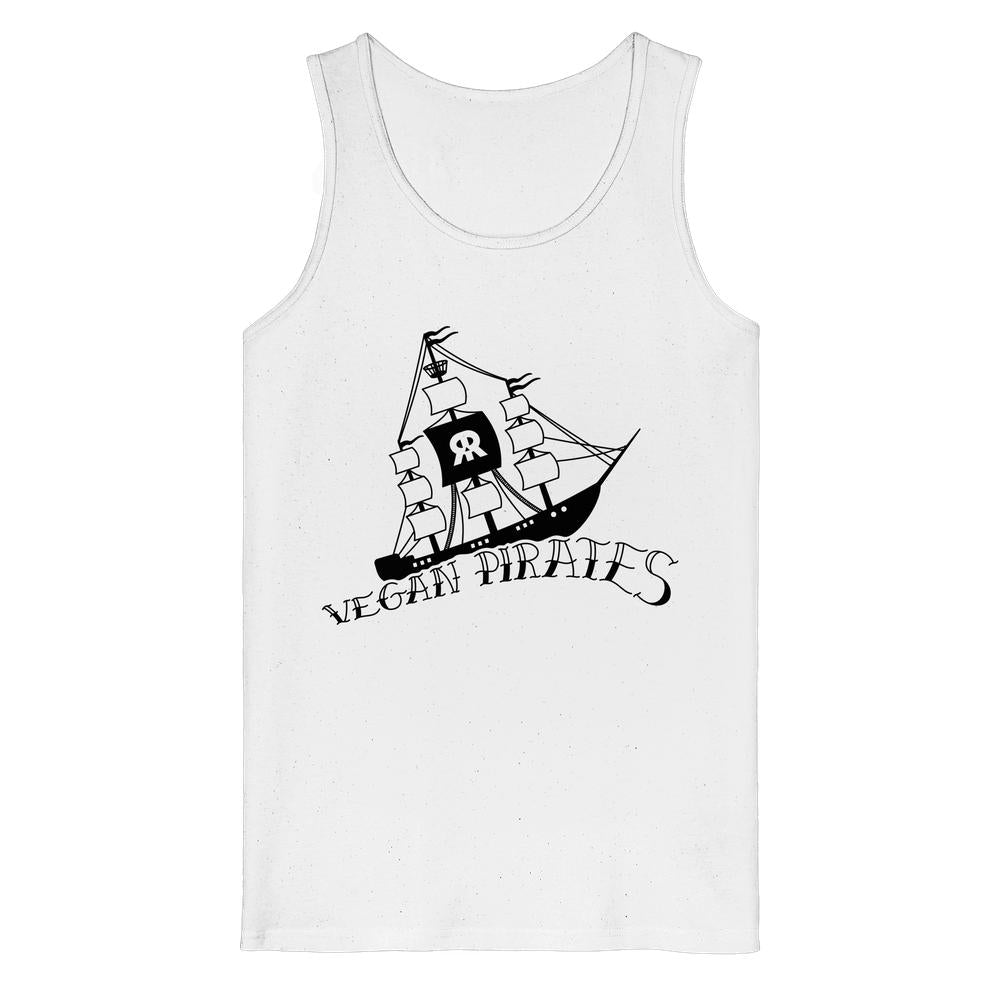 Weißes Tanktop mit Rundhalsausschnitt und „Vegan Pirates“-Piratenprint.