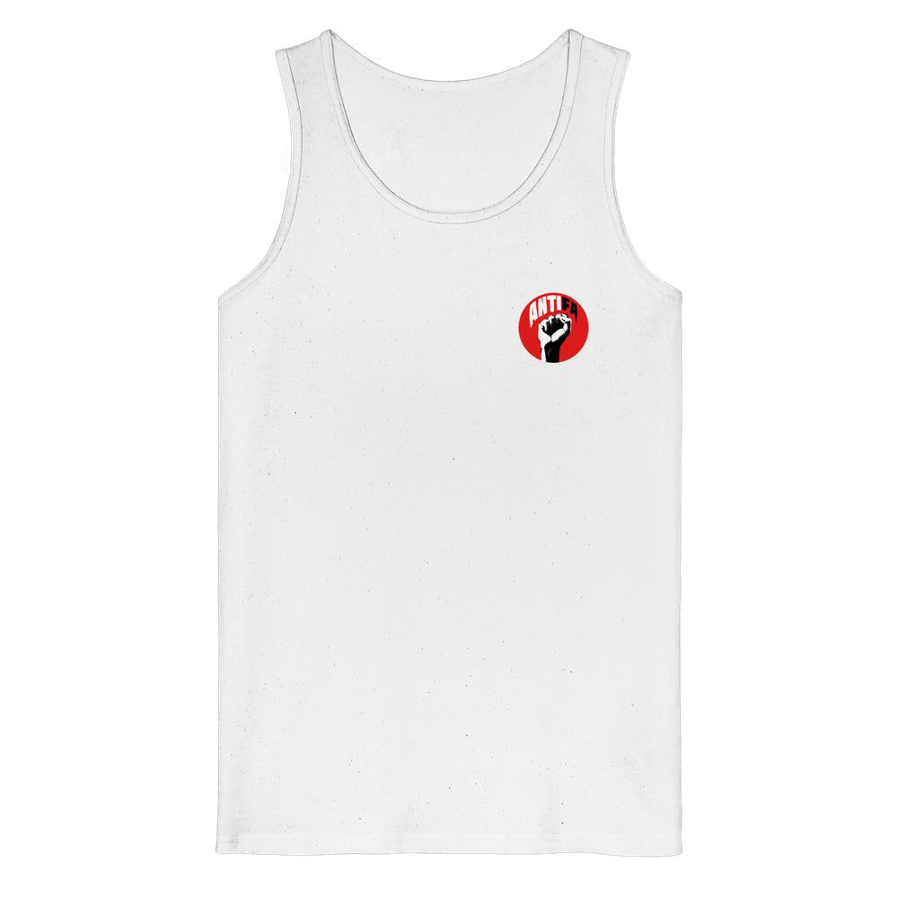 Weißes Tanktop mit rundem ANTIFA-Print auf der Brust