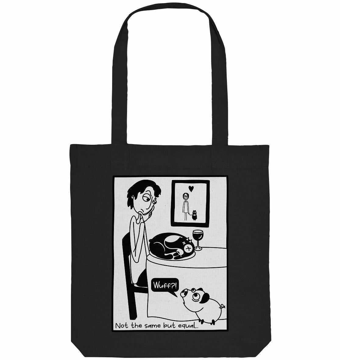 Vegan und Recycling Stofftasche: Pig vs. Dog - Not the same but equal… mit Comic-Illustration von Mann und Katze, hergestellt aus recycelten Materialien.