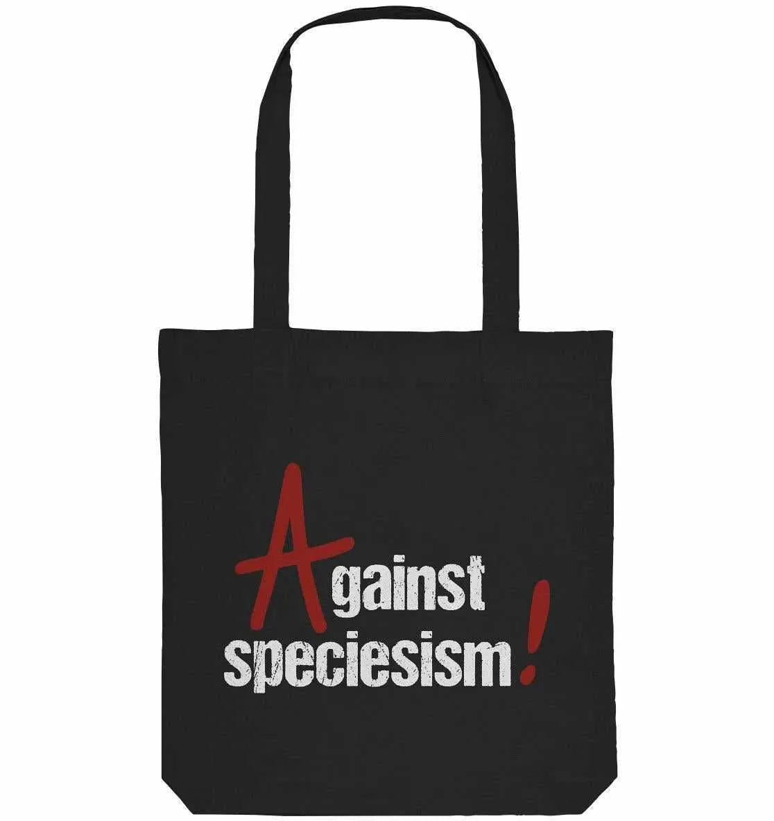 Schwarze Stofftasche mit Aufdruck „against speciesism!“ und Tragehenkeln