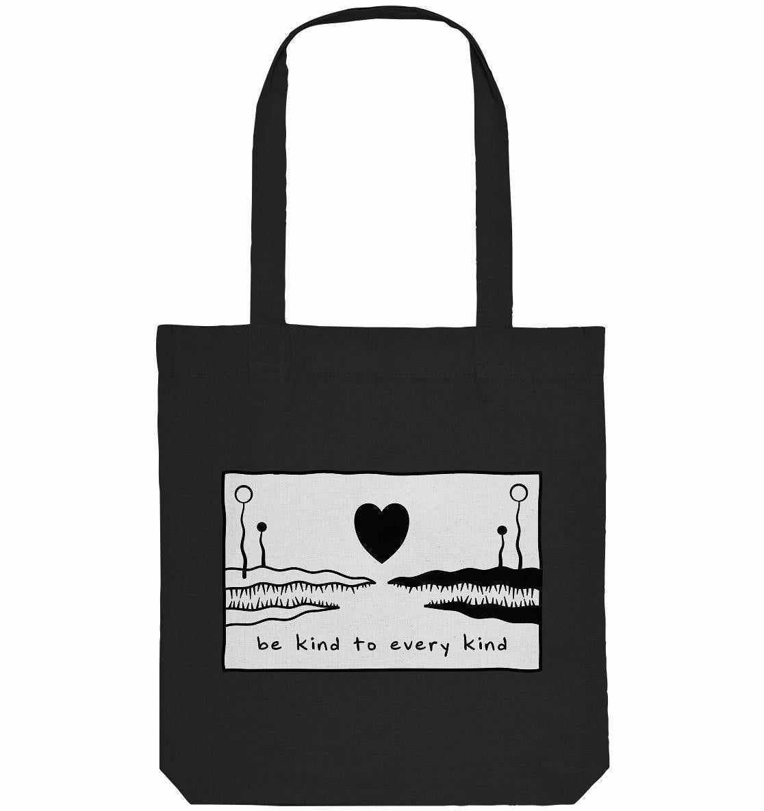Vegan und Recycling Stofftasche: Be kind to every kind, mit schwarzem Herzdesign und langen Henkeln, umweltfreundlich aus recycelten Materialien gefertigt.