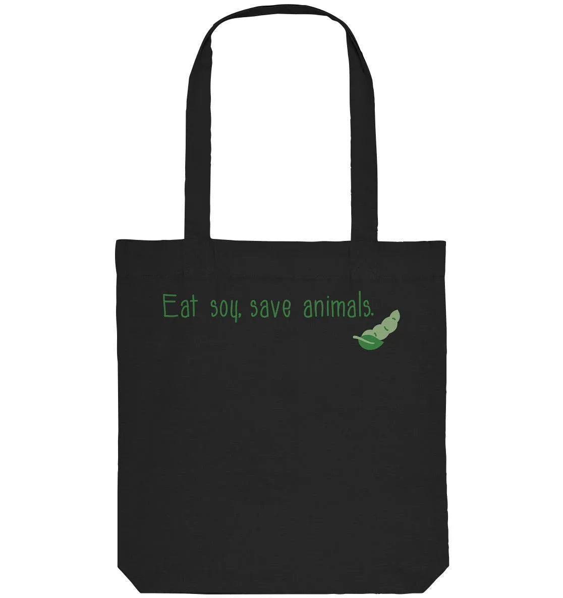 Schwarze Stofftasche mit Tragehenkeln, Aufdruck „Eat soy, save animals“ und grüner Sprout