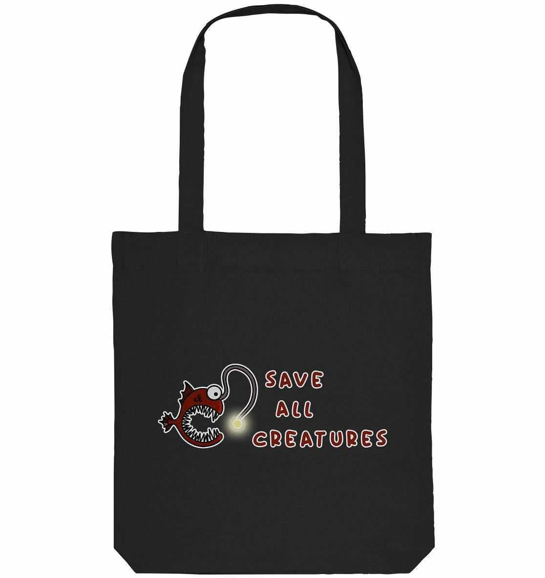 Vegan und Recycling Stofftasche: Weird Frogfish mit Cartoon-Anglerfisch und Lichtmotiv, zeigt Schutz für alle Kreaturen. Nachhaltig aus recycelten Materialien, mit langen Henkeln.