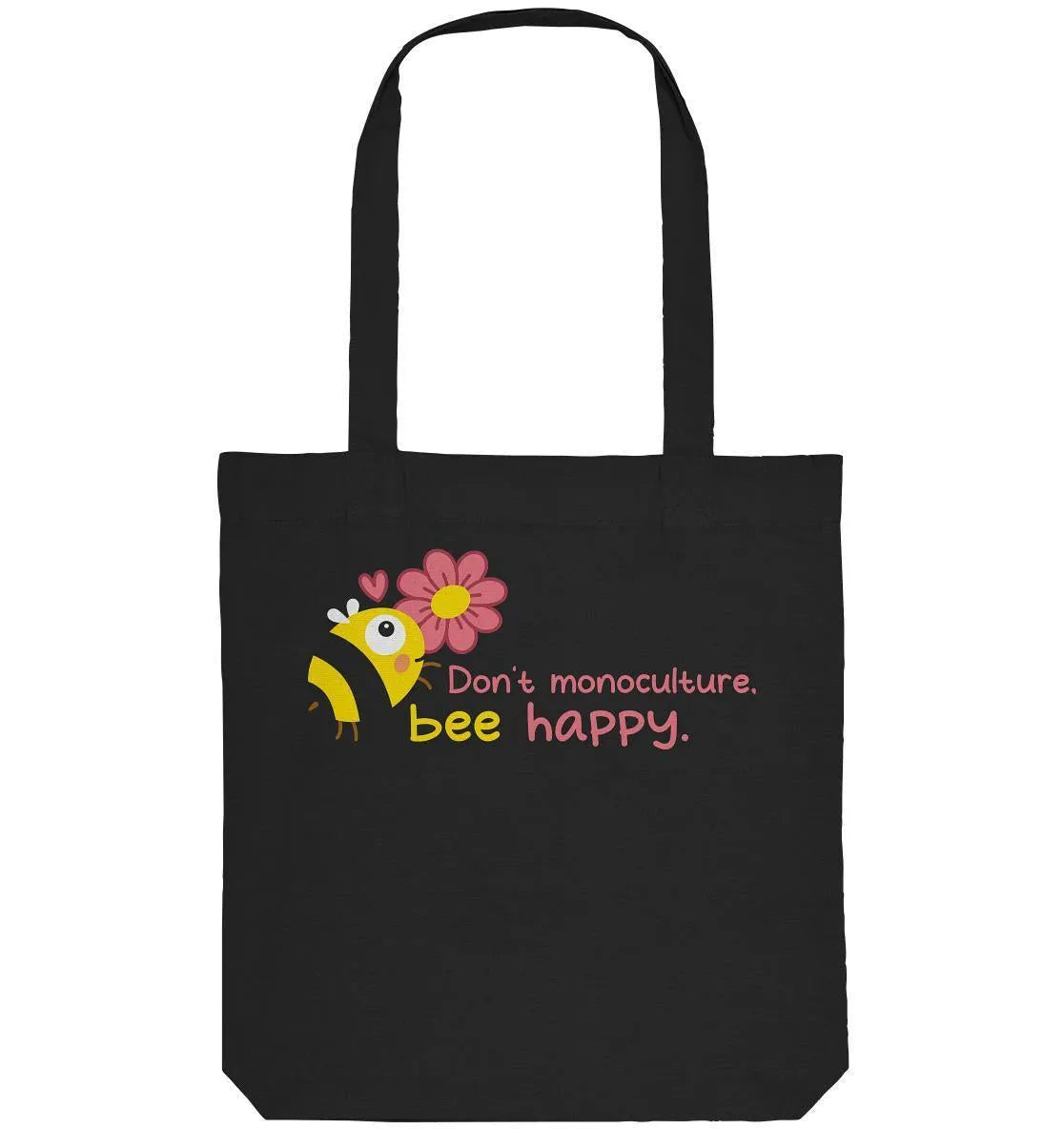 Schwarze Stofftasche mit Bienenmotiv und Schriftzug „Bee happy“