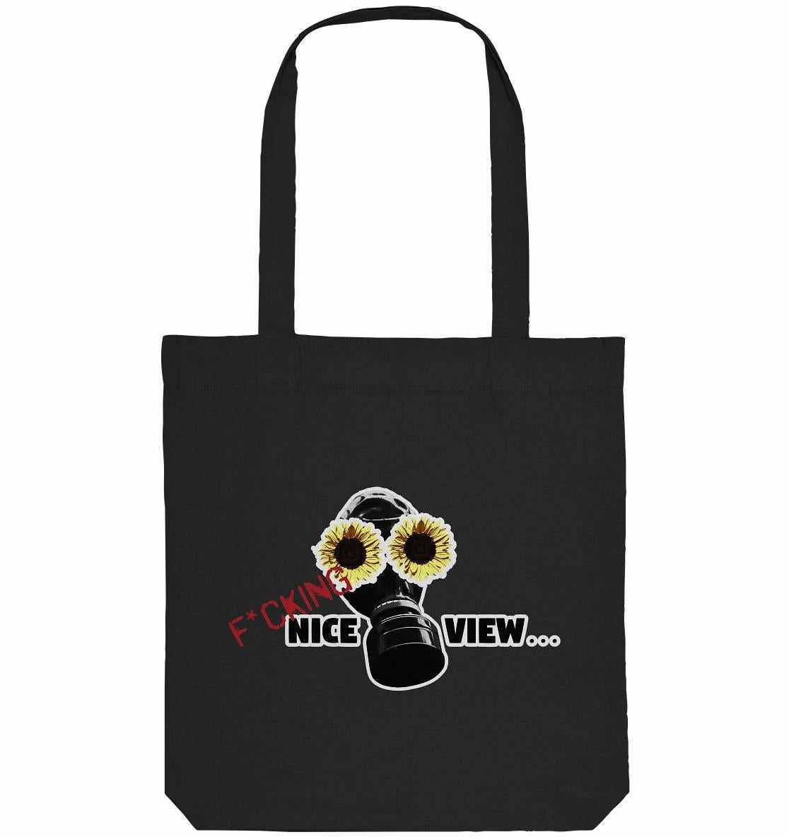 Vegan und Recycling Stofftasche: Sunflower Mask - F*cking nice view... mit Gasmaske und Sonnenblumenmotiv, nachhaltig aus recycelten Materialien produziert.