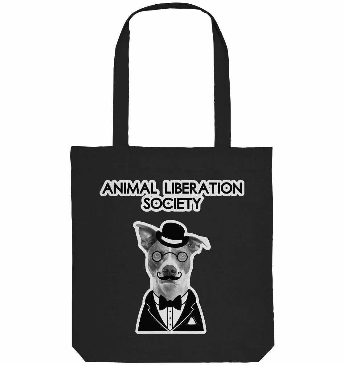 Schwarze Stofftasche mit Aufdruck „Animal Liberation Society“ und Hundmotiv
