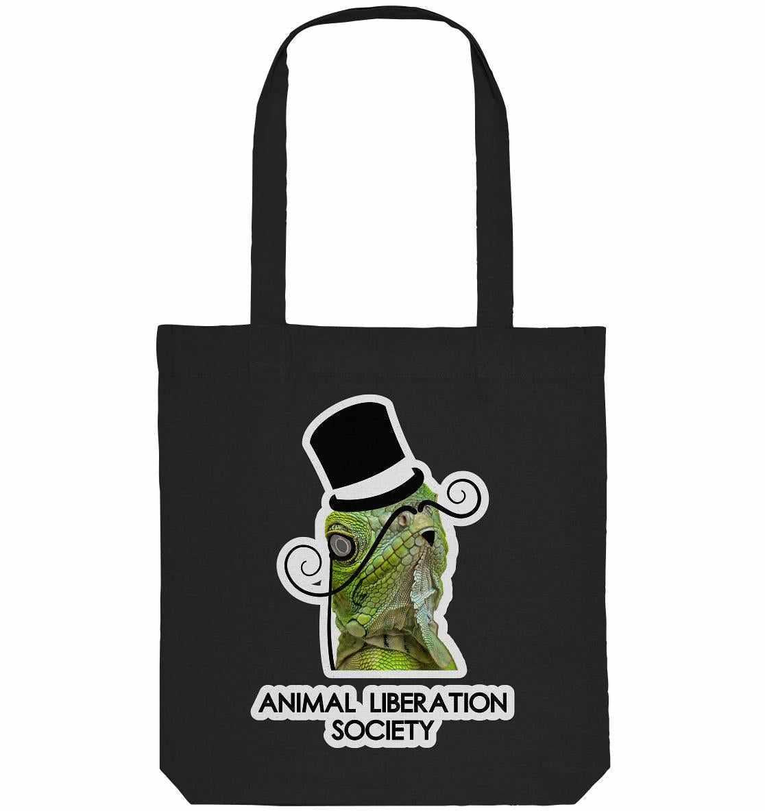 Vegan und Recycling Stofftasche: Sir Reptile - Animal Liberation Society, zeigt einen cartoonhaften, eleganten Lizard mit Zylinder und Schnurrbart auf schwarzem Hintergrund.