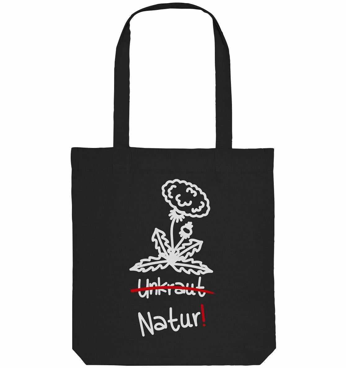 Vegan und Recycling Stofftasche: Löwenzahn mit weißem Blumentext, hergestellt aus recycelten Materialien, symbolisiert Naturschutz und Pflanzenvielfalt.